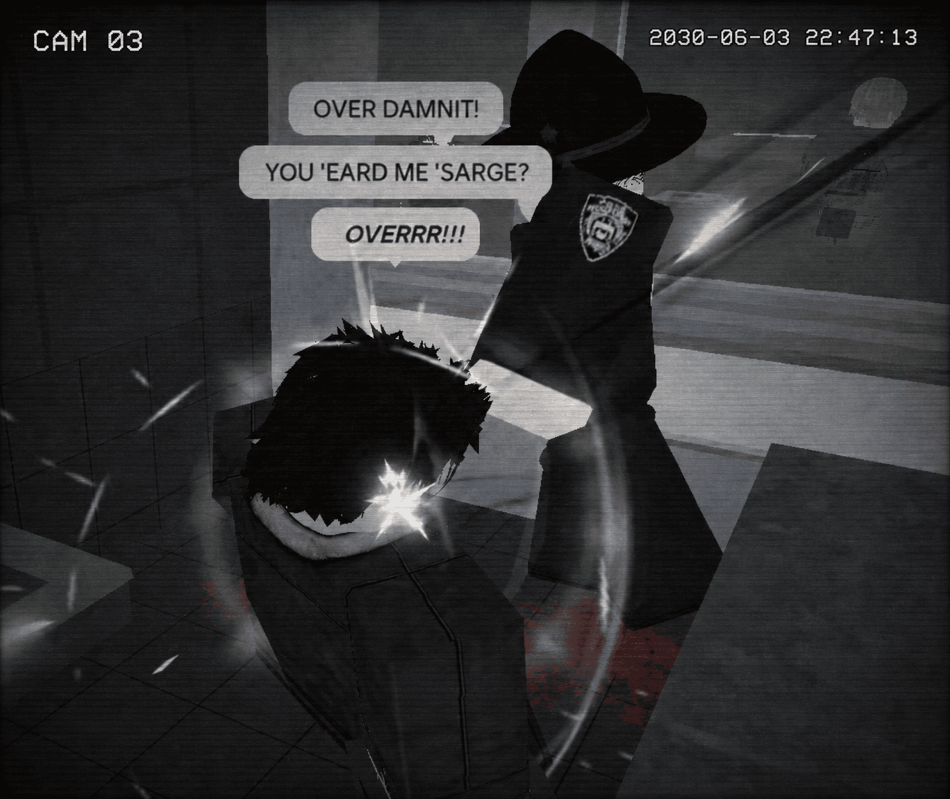 CCTV footage of a handcuffed detainee being beaten by a police officer in a holding cell.